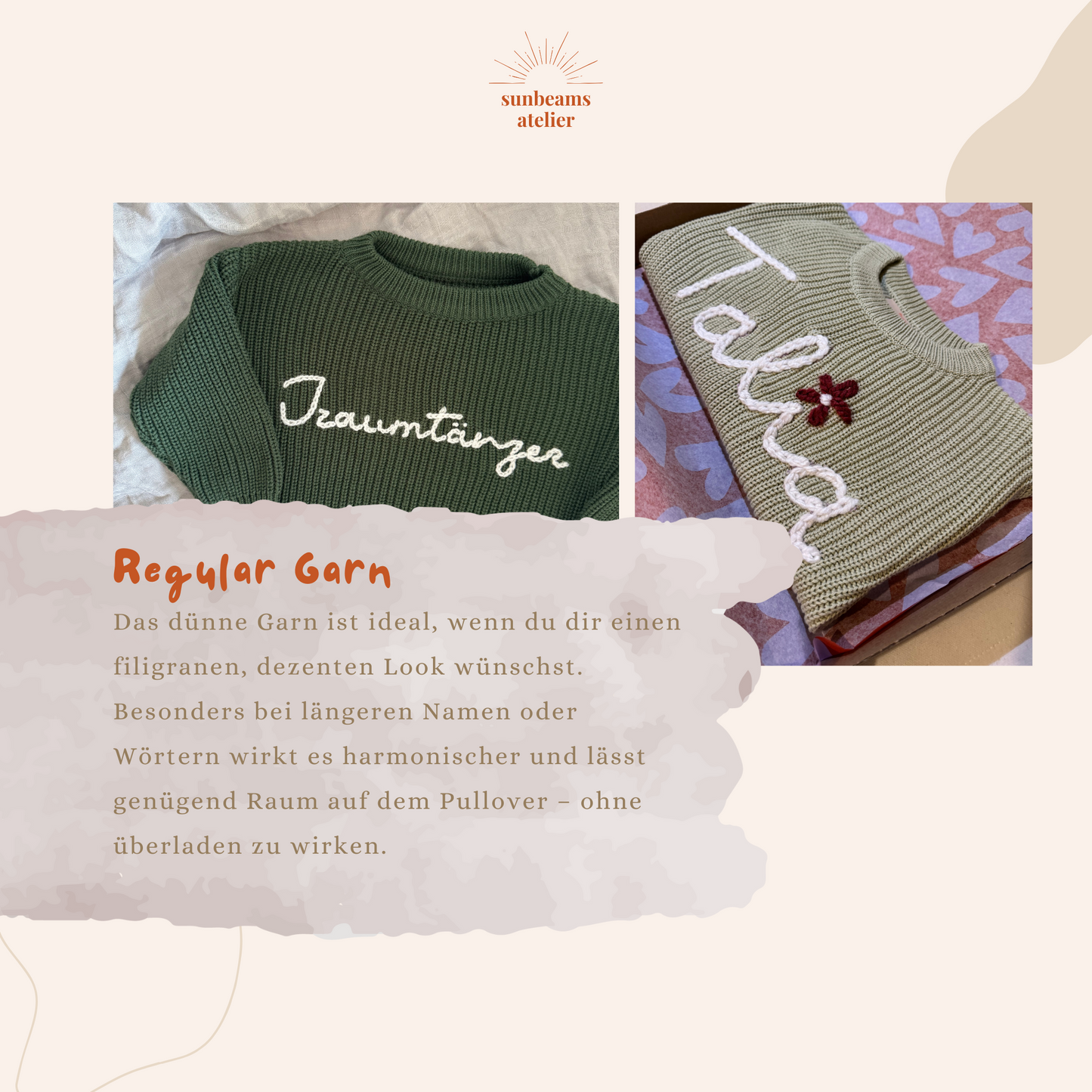 Personalisierter Kinderpullover mit handbesticktem Namen