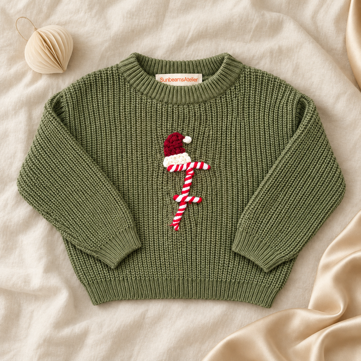 Personalisierter Weihnachtspullover – Initiale mit Weihnachtsmütze