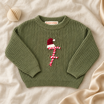 Personalisierter Weihnachtspullover – Initiale mit Weihnachtsmütze