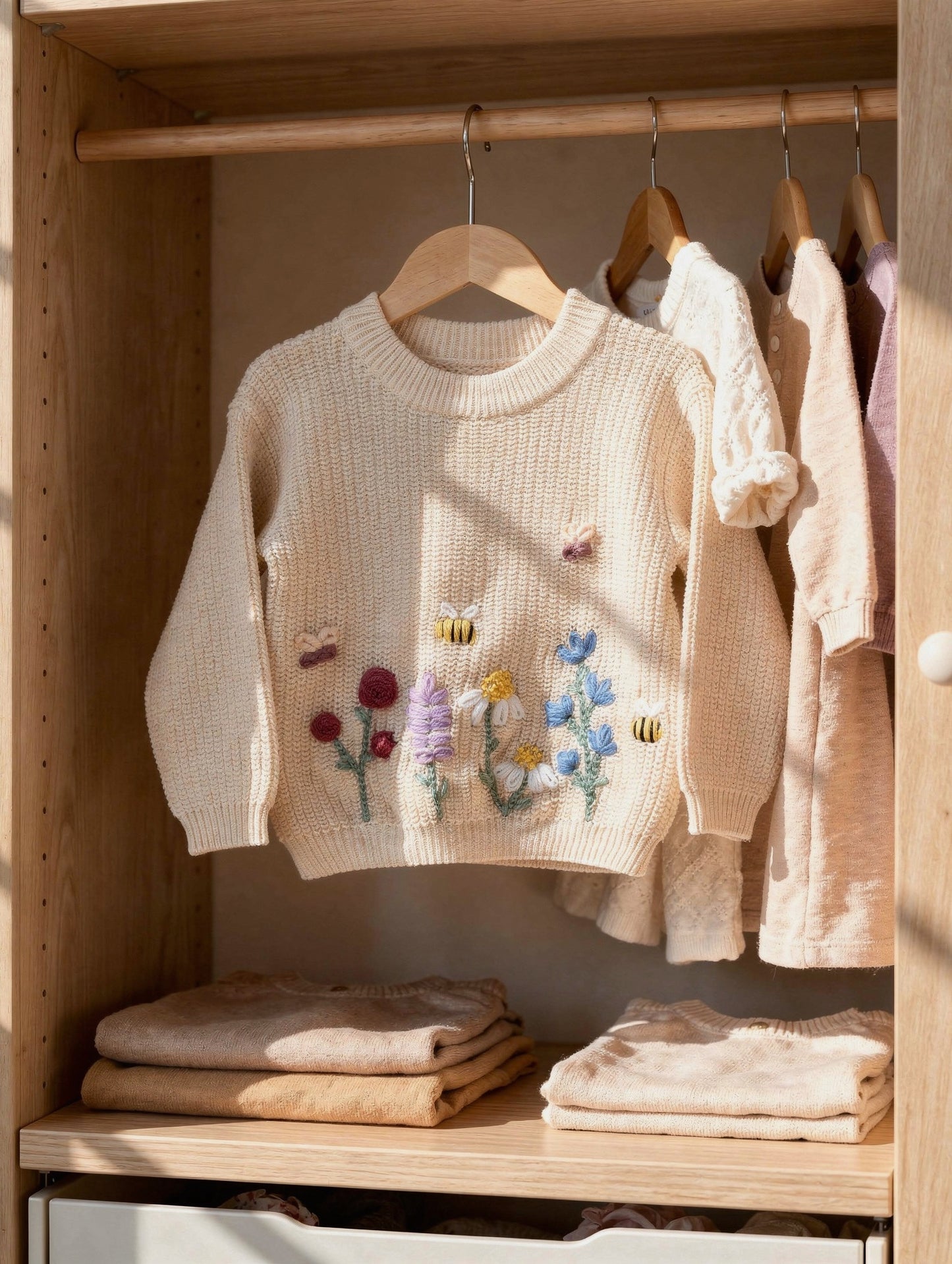 Handbestickter Kinderpullover mit Wiesenblüten
