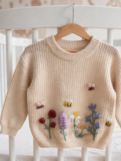Handbestickter Kinderpullover mit Wiesenblüten