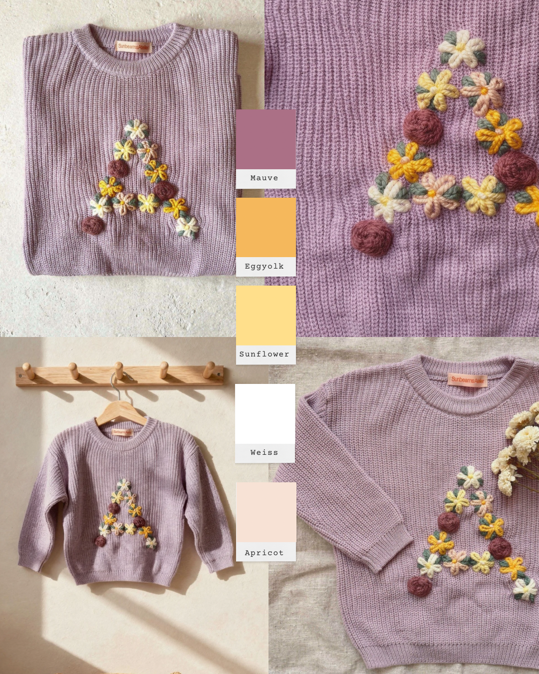 Personalisierter handbestickter Kinderpullover mit Initiale aus Blumen
