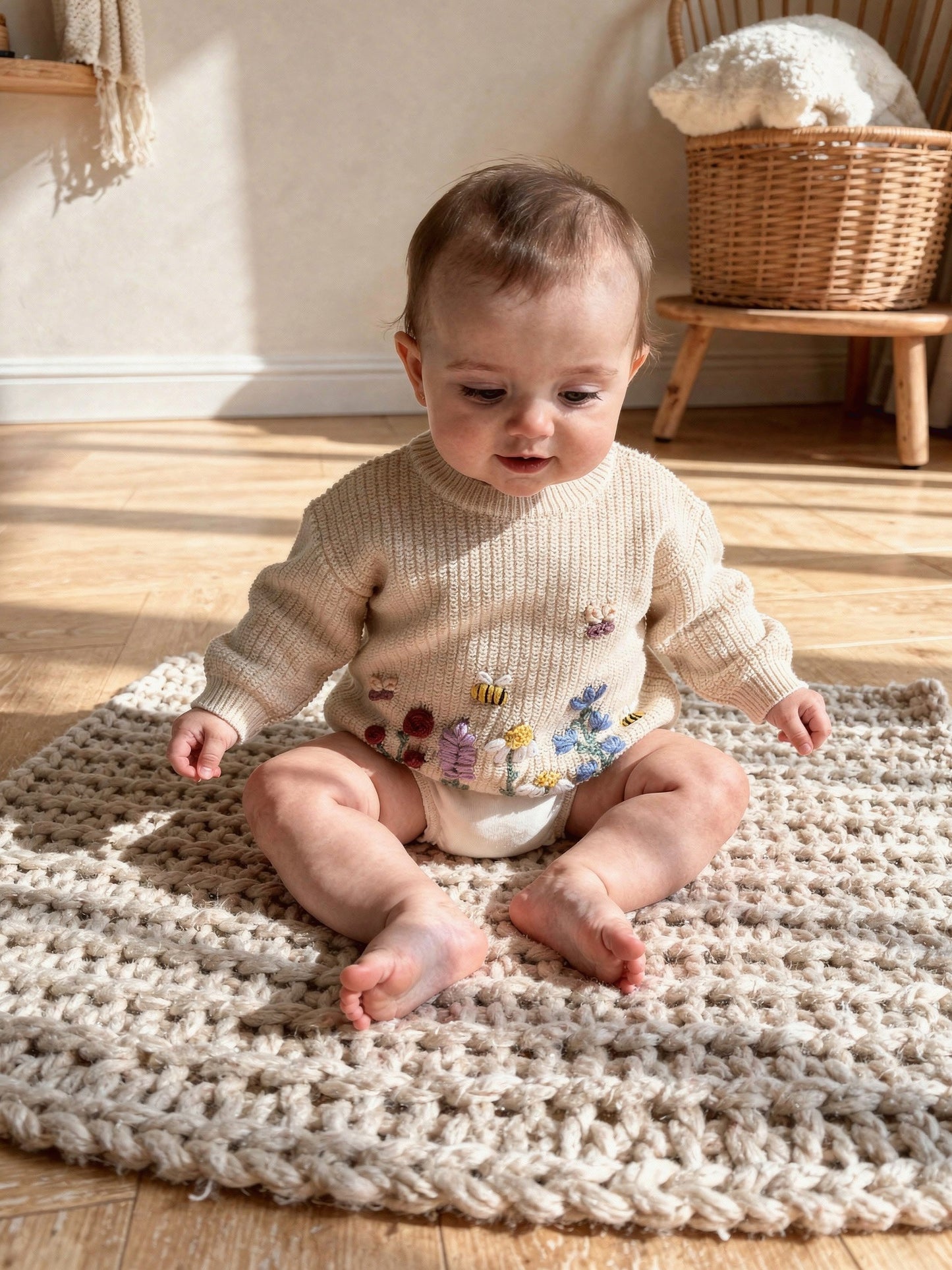 Handbestickter Kinderpullover mit Wiesenblüten