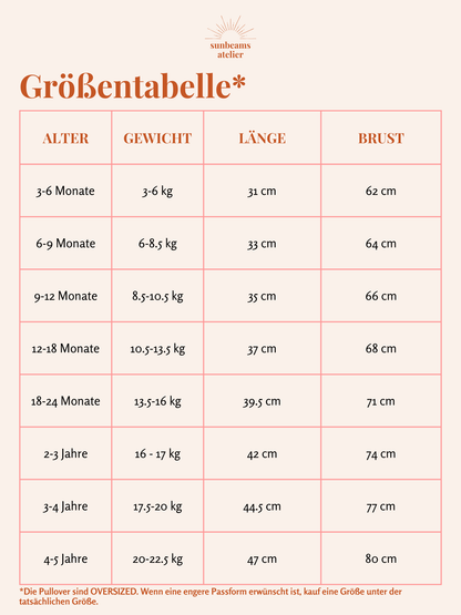 Größentabelle. Mögliche Größen: 3-6M, 6-9M, 9-12M, 12-18M, 18-24M, 2-3J, 3-4J, 4-5J