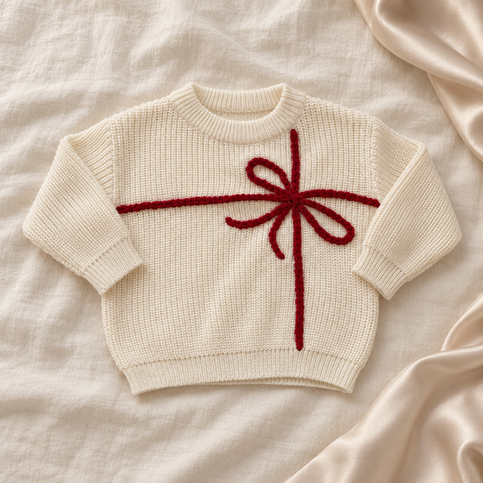 Weihnachtspullover für Babys & Kinder – handbestickte Geschenkschleife