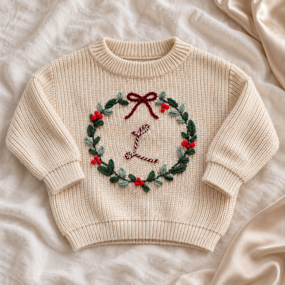 Personalisierter Weihnachtspullover für Babys & Kinder – Weihnachtskranz mit Initiale