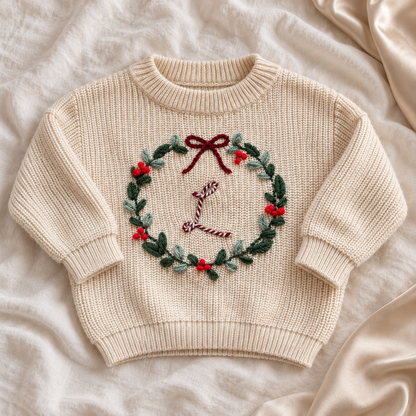 Personalisierter Weihnachtspullover für Babys & Kinder – Weihnachtskranz mit Initiale