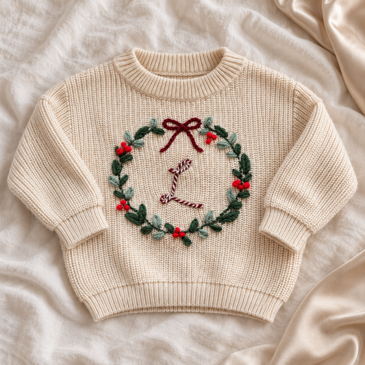 Personalisierter Weihnachtspullover für Babys & Kinder – Weihnachtskranz mit Initiale