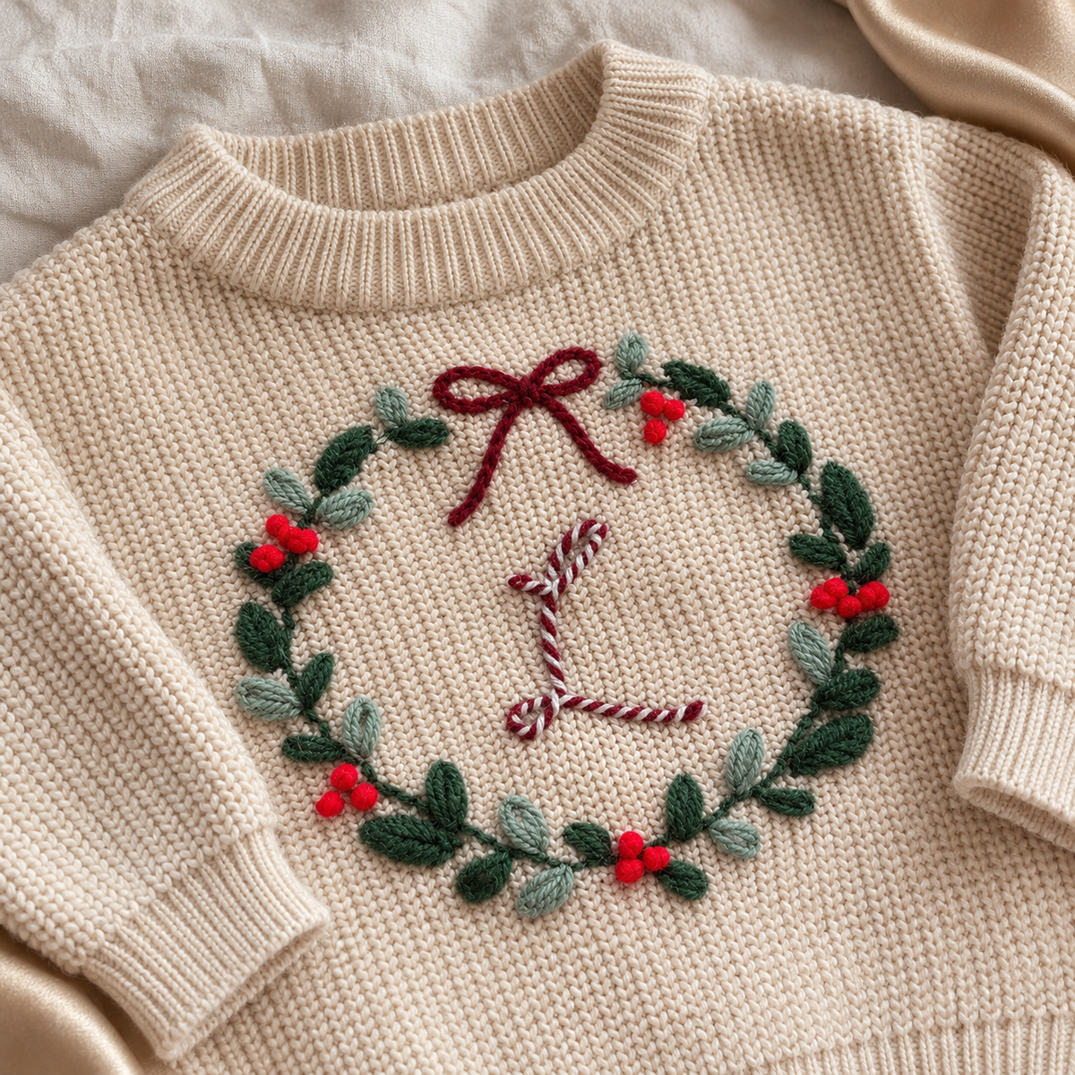 Personalisierter Weihnachtspullover für Babys & Kinder – Weihnachtskranz mit Initiale