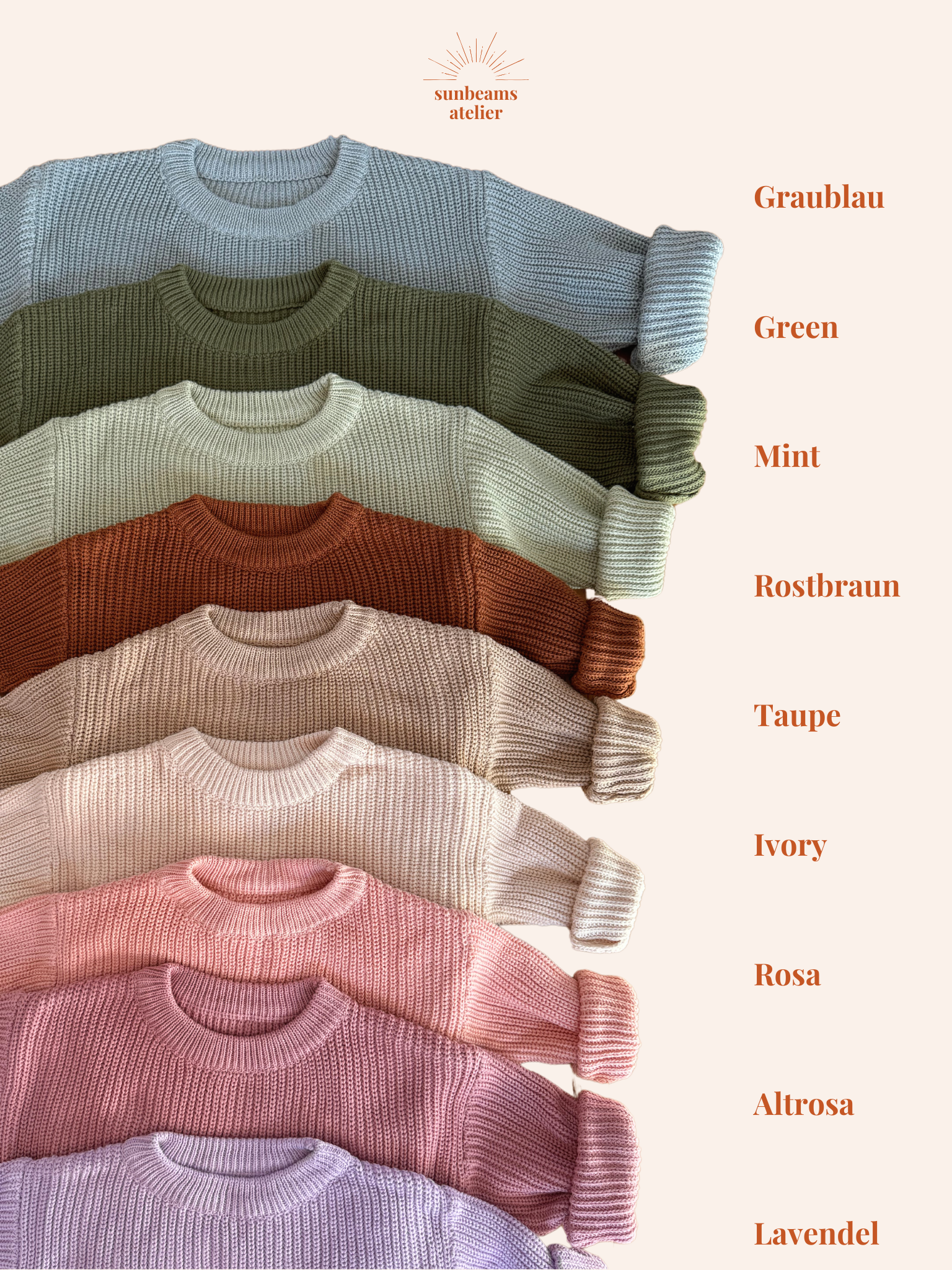 Auflistung aller Pulloverfarben. Insgesamt sind 9 zu sehen: Graublau, Green, Mint, Rostbraun, Taupe, Ivory, Rosa, Altrosa, Lavendel